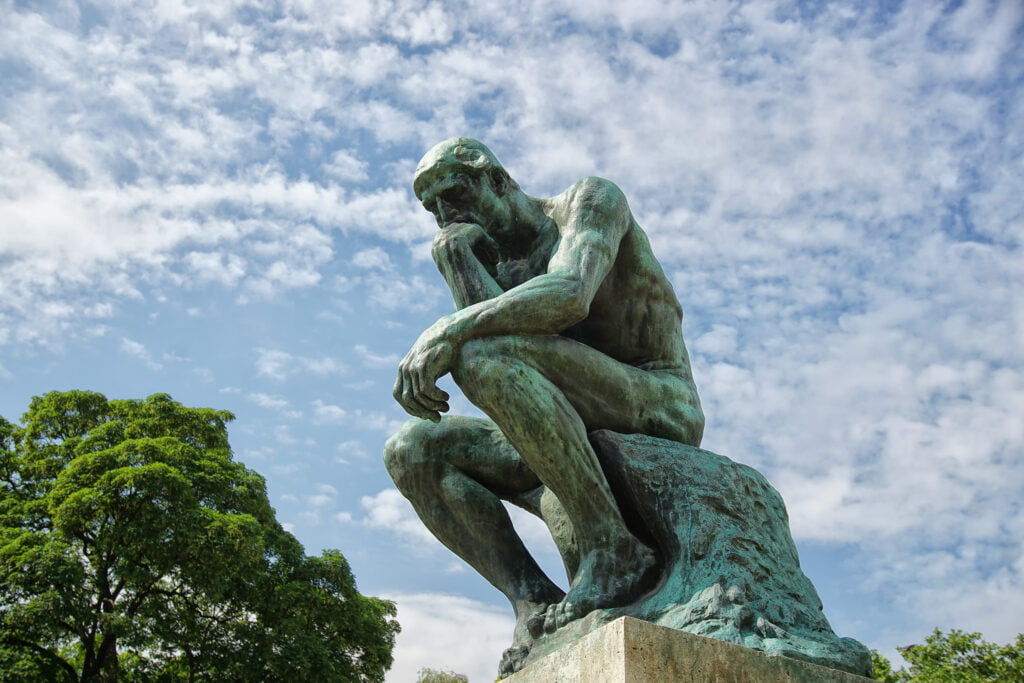 Rodin's sculpture The Thinker. What, or How To Think? That is the question. Philosophy, Conclusions, Thinking.