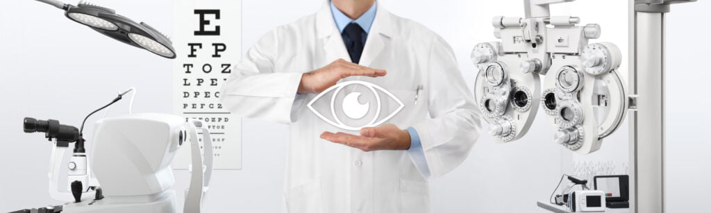 image of optician in office with charts and diagnostic machines